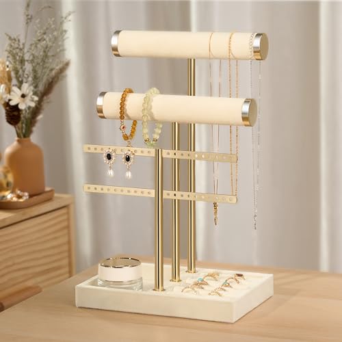 bussdis 3 Tier Bracelet Holder Display - Detachable T Bar Beige Velvet Bracelet Holder, Jewelry Holder Organizer for Bracelet, Necklace, Earrings, Rings - Image 5