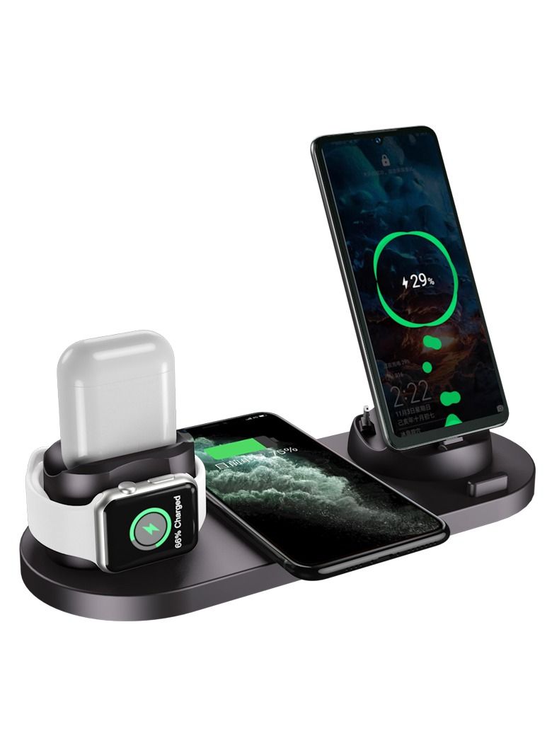 6-in-1 Wireless Charger Stand Pad for Apple Watch, iPhone 13/12/11/11 Pro/11 Pro Max/X/XS/XR, Samsung S20/S10, and Other Qi Phones: Charging Dock Station (Black)  - Image 1