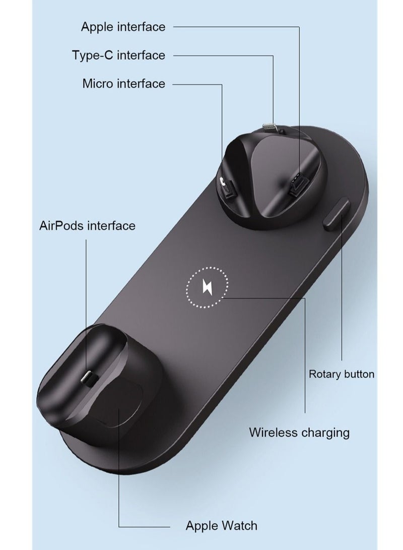 6-in-1 Wireless Charger Stand Pad for Apple Watch, iPhone 13/12/11/11 Pro/11 Pro Max/X/XS/XR, Samsung S20/S10, and Other Qi Phones: Charging Dock Station (Black)  - Image 2
