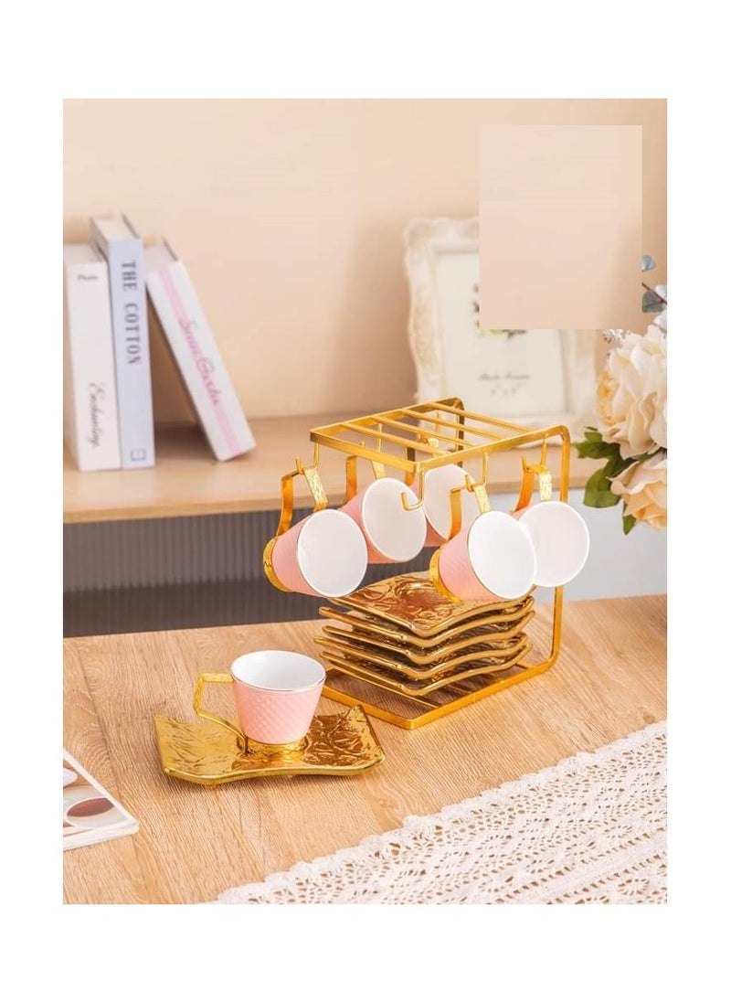 MARBLE Coffee set with saucer, 13 pcs, on a metal stand, Rose DS-236-2210ROS 