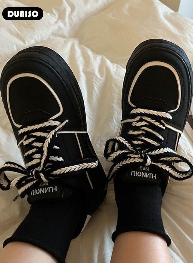 DUNISO Women's Platform Sneakers Low Top Walking Shoes for Lady Comfortable Lace Up Fashion Contracted Design Casual Shoes for Indoor Outdoor Travel Work - Image 3