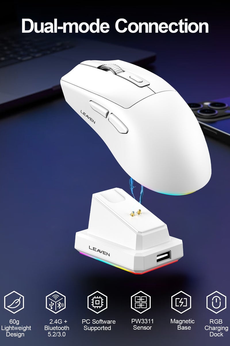 ليفن ماوس ألعاب لاسلكي مع قاعدة شحن RGB، وضع مزدوج 2.4 جيجاهرتز/بلوتوث، ماوس ألعاب خفيف الوزن، ماوس لاسلكي قابل لإعادة الشحن، فئران ألعاب لأجهزة الكمبيوتر الشخصية/الكمبيوتر المحمول/ويندوز/ماك  - Image 2