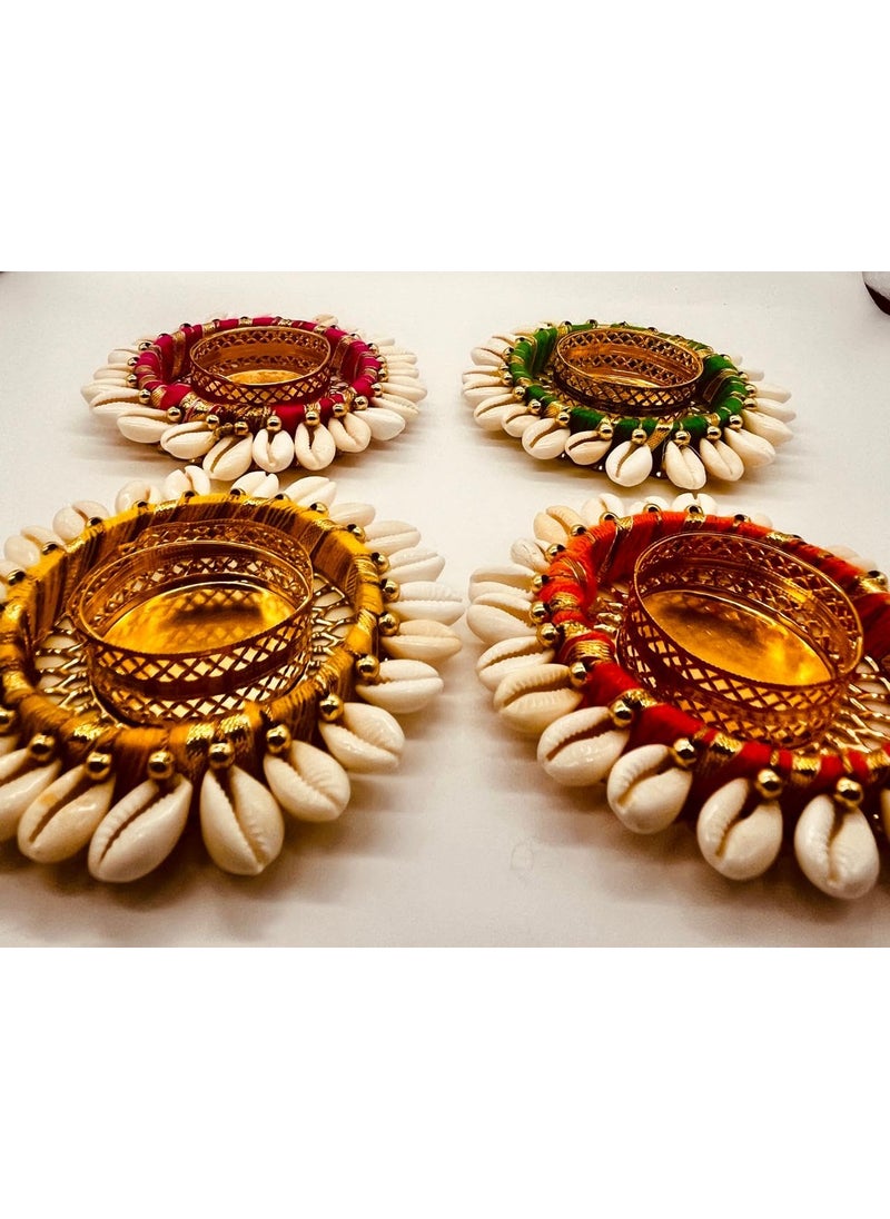 Lazybeee Lazybeee 4pcs Traditional Tealight Holders for Diwali Navratri Handcrafted MultiColor Kodi Cowrie Shell Diya Set with Colorful Accents Decorative Candle Holders for Festive Home Decor  - Image 3