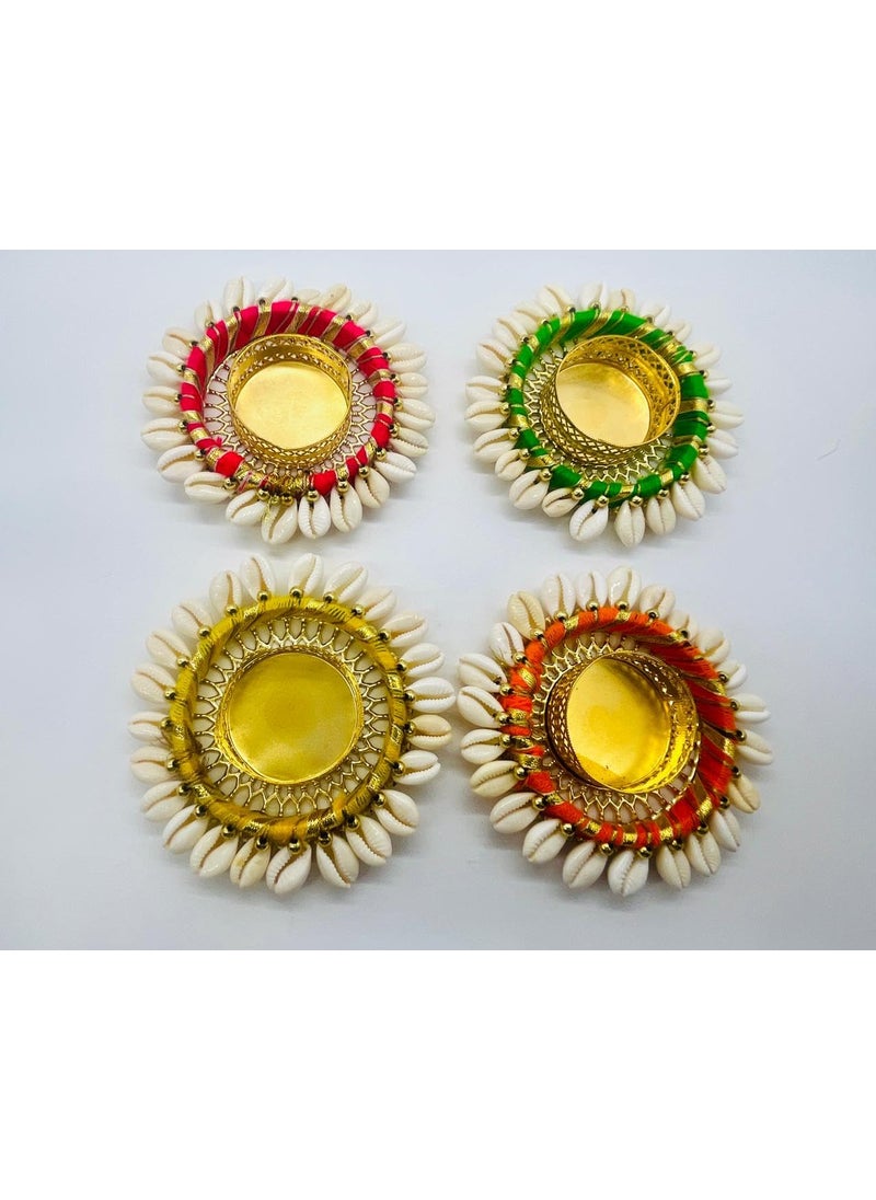 Lazybeee Lazybeee 4pcs Traditional Tealight Holders for Diwali Navratri Handcrafted MultiColor Kodi Cowrie Shell Diya Set with Colorful Accents Decorative Candle Holders for Festive Home Decor  - Image 2