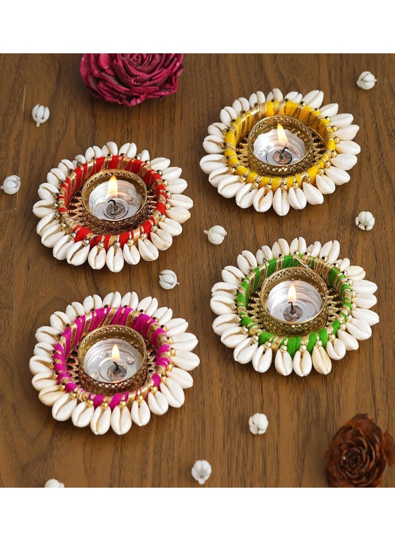 Lazybeee Lazybeee 4pcs Traditional Tealight Holders for Diwali Navratri Handcrafted MultiColor Kodi Cowrie Shell Diya Set with Colorful Accents Decorative Candle Holders for Festive Home Decor  - Image 1
