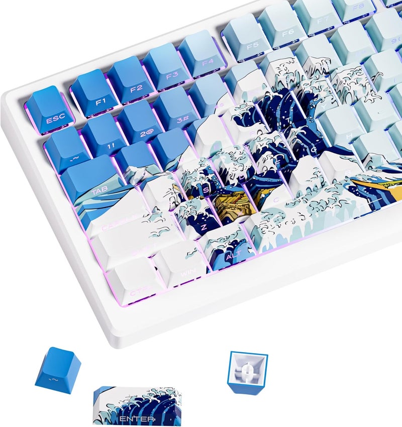 HITIME XVX Shine Through Side Print PBT Keycaps - 75% Dye Sub, Cherry Profile, 131 Keys, Wave of Kanagawa Double Shot Keycaps for Mechanical Keyboards - Image 1