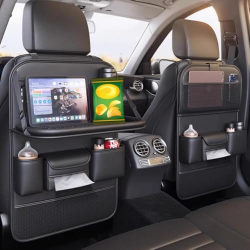 Beruyu 2 Pack Leather Car Backseat Organizer with Foldable Table Tray, Car Seat Back Protector Kick Mats with Tablet Holder, Travel Accessories Storage Organizer - Image 1