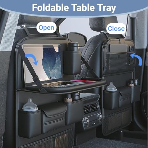 Beruyu 2 Pack Leather Car Backseat Organizer with Foldable Table Tray, Car Seat Back Protector Kick Mats with Tablet Holder, Travel Accessories Storage Organizer - Image 3
