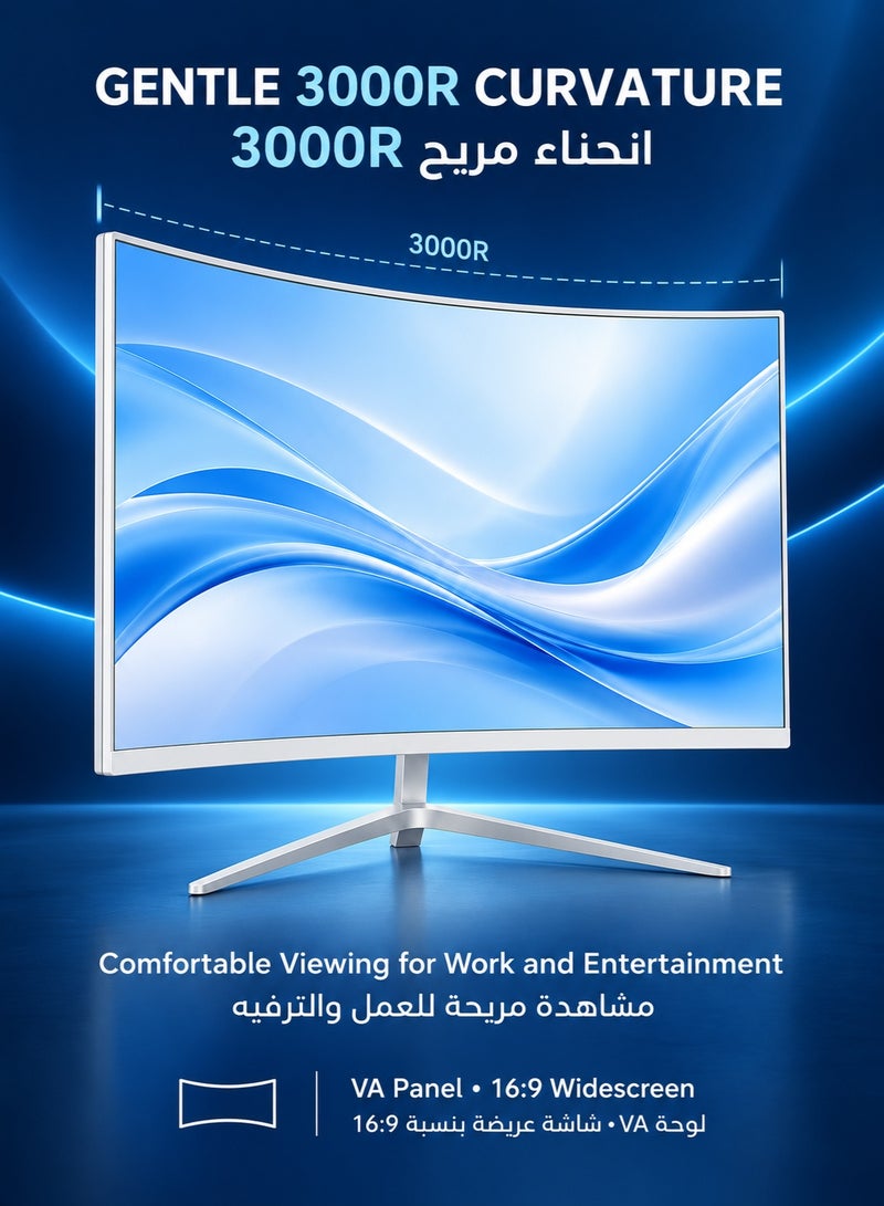 Inabyte 24-Inch Curved Computer Monitor, Full HD 1080P VA Display, 75Hz, 300 Nits, HDMI & VGA, 3000R Screen, VESA 75×75mm, White - Image 2