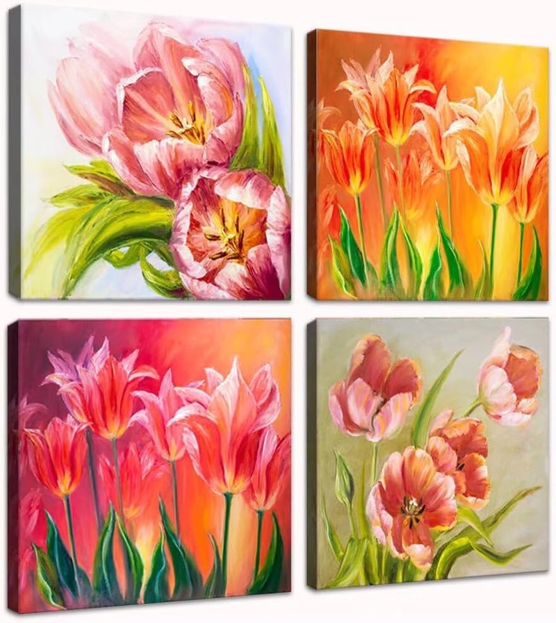 Wall HDQ Tulips Wall Art Pink Flowers Canvas Wall Decor Abstract Print Home Decor Pictures Poster for Bedroom Living Room Bathroom Office Oil Painting Framed Ready to Hang 4 Panels (12x12inchx4) - Image 1