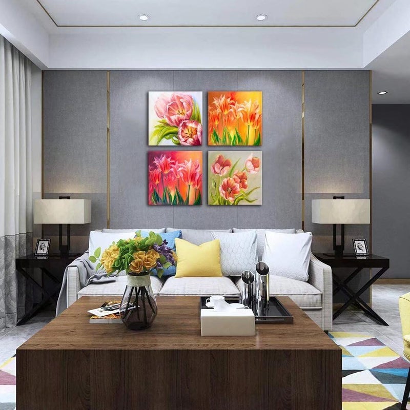 Wall HDQ Tulips Wall Art Pink Flowers Canvas Wall Decor Abstract Print Home Decor Pictures Poster for Bedroom Living Room Bathroom Office Oil Painting Framed Ready to Hang 4 Panels (12x12inchx4) - Image 4