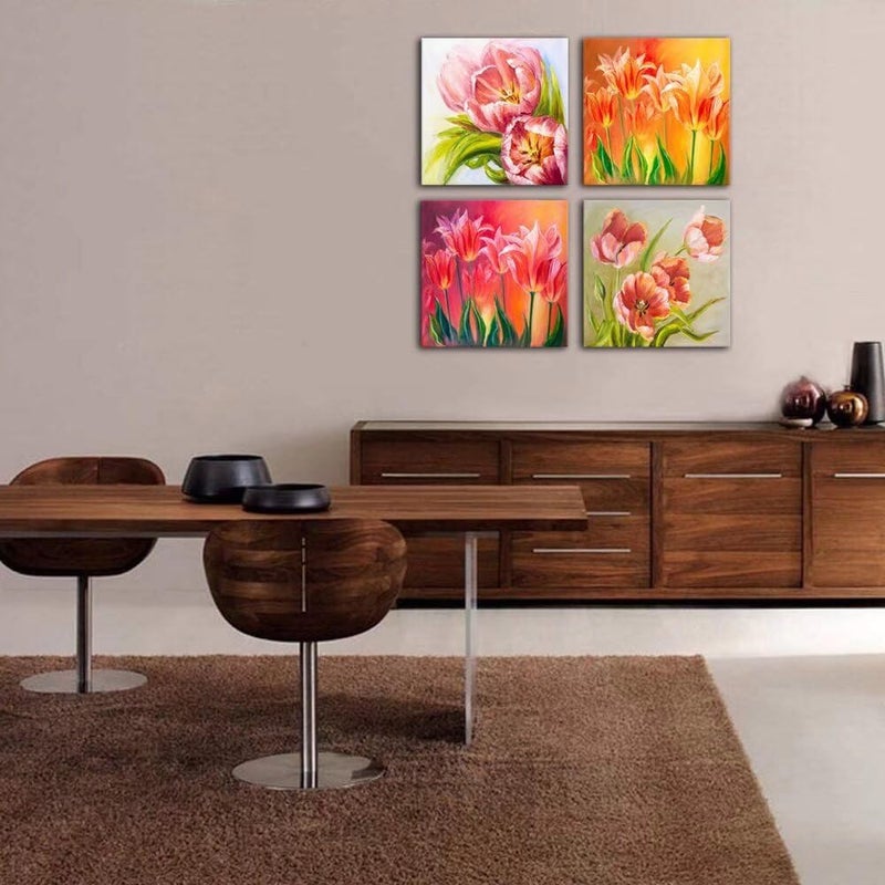Wall HDQ Tulips Wall Art Pink Flowers Canvas Wall Decor Abstract Print Home Decor Pictures Poster for Bedroom Living Room Bathroom Office Oil Painting Framed Ready to Hang 4 Panels (12x12inchx4) - Image 3