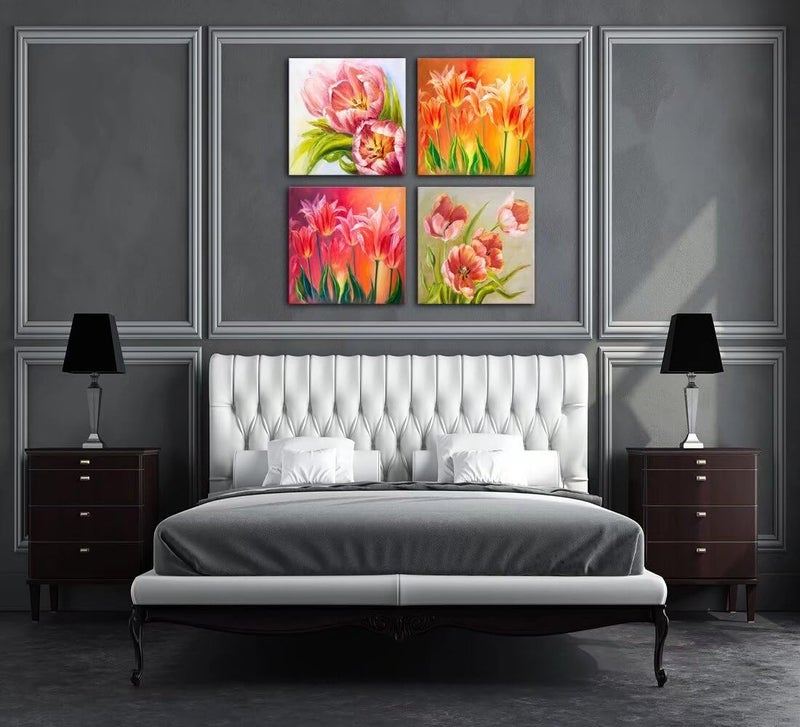 Wall HDQ Tulips Wall Art Pink Flowers Canvas Wall Decor Abstract Print Home Decor Pictures Poster for Bedroom Living Room Bathroom Office Oil Painting Framed Ready to Hang 4 Panels (12x12inchx4) - Image 5