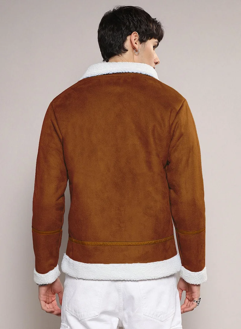 Campus Sutra Men's Icy Blue & Chalk White Fleece Lined Biker Jacket