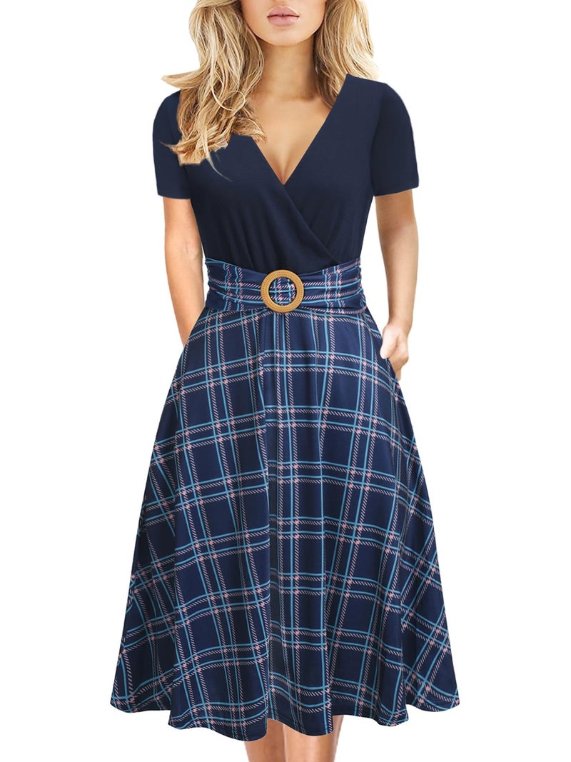 HELYO Aline Dresses for Womens Elegant Criss-Cross V Neck Vintage 50s Short Sleeve Work Cocktail Tea Fit and Flare Dress with Pockets 980 Navy Plaid M - Image 2