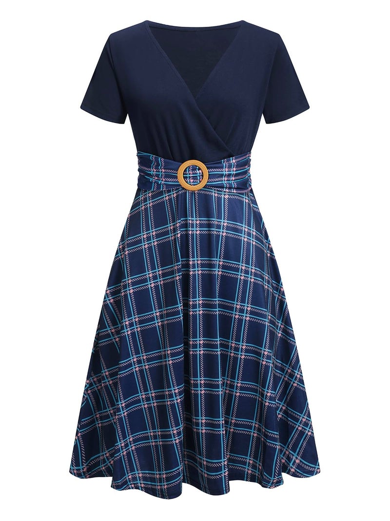 HELYO Aline Dresses for Womens Elegant Criss-Cross V Neck Vintage 50s Short Sleeve Work Cocktail Tea Fit and Flare Dress with Pockets 980 Navy Plaid M - Image 4