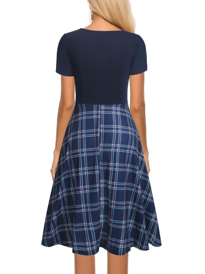 HELYO Aline Dresses for Womens Elegant Criss-Cross V Neck Vintage 50s Short Sleeve Work Cocktail Tea Fit and Flare Dress with Pockets 980 Navy Plaid M - Image 3