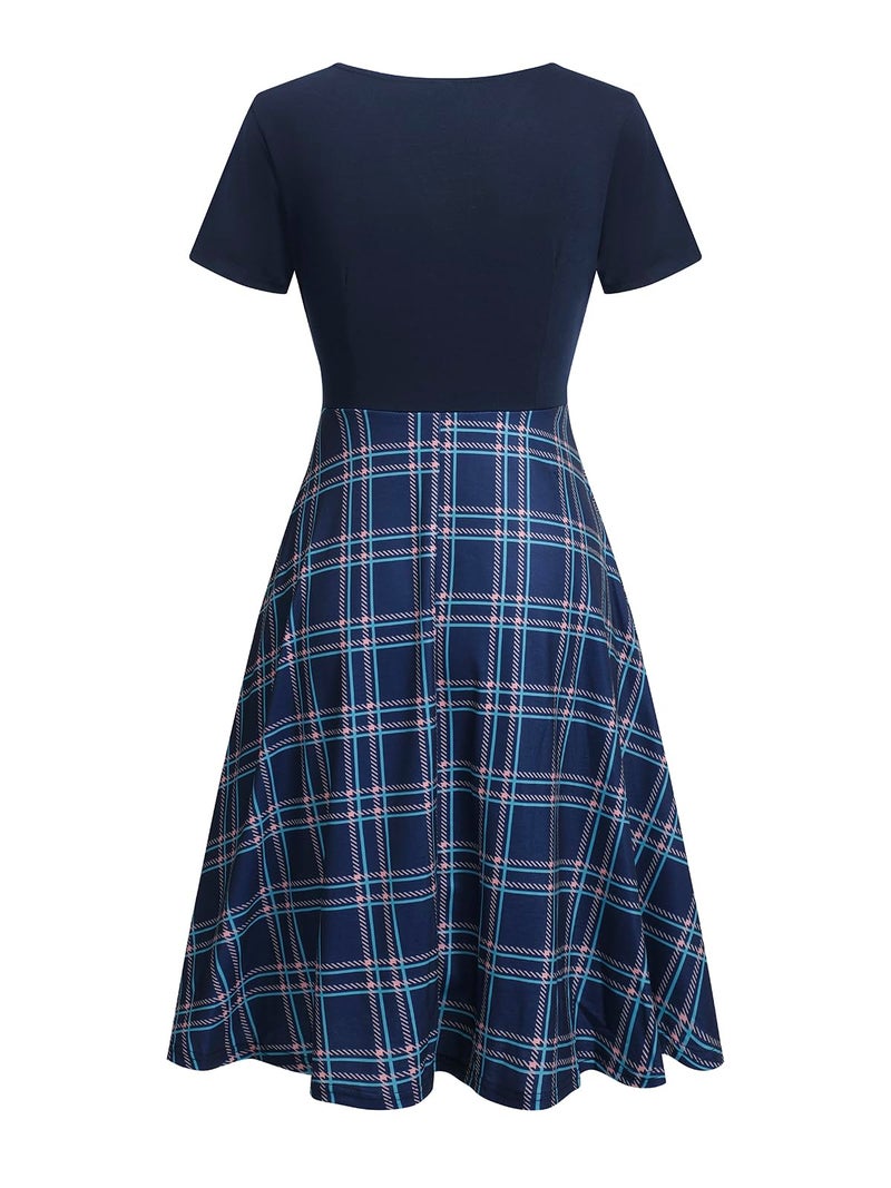 HELYO Aline Dresses for Womens Elegant Criss-Cross V Neck Vintage 50s Short Sleeve Work Cocktail Tea Fit and Flare Dress with Pockets 980 Navy Plaid M - Image 5