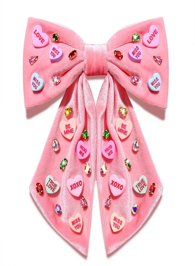 BVGA Valentines Hair Bow Clips Pink Jeweled Crystal Conversation Candy Heart Velvet Bow Hair Clip Barrettes Valentines Hair Accessories Gifts for Her - Image 1