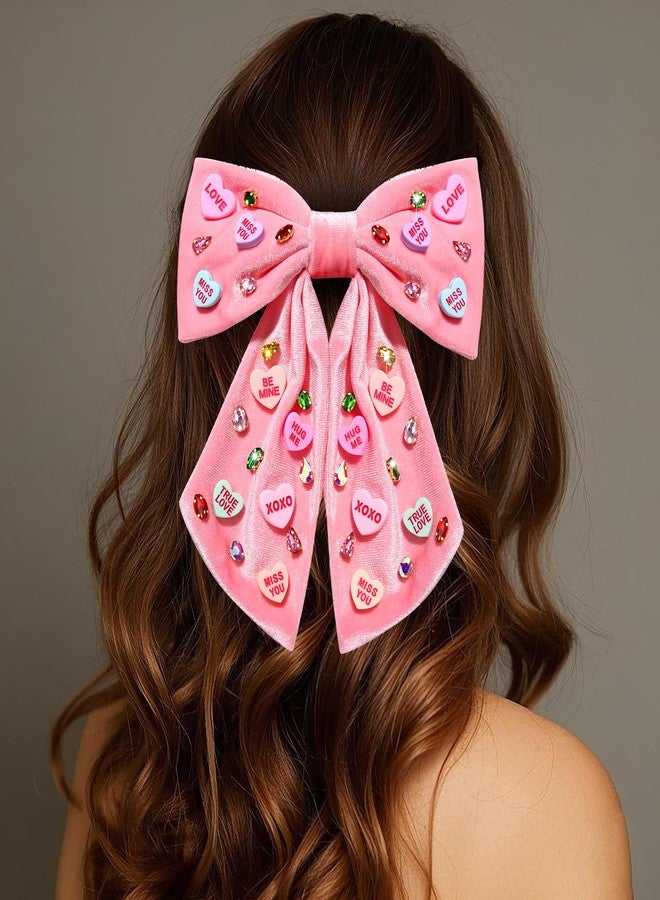 BVGA Valentines Hair Bow Clips Pink Jeweled Crystal Conversation Candy Heart Velvet Bow Hair Clip Barrettes Valentines Hair Accessories Gifts for Her - Image 2