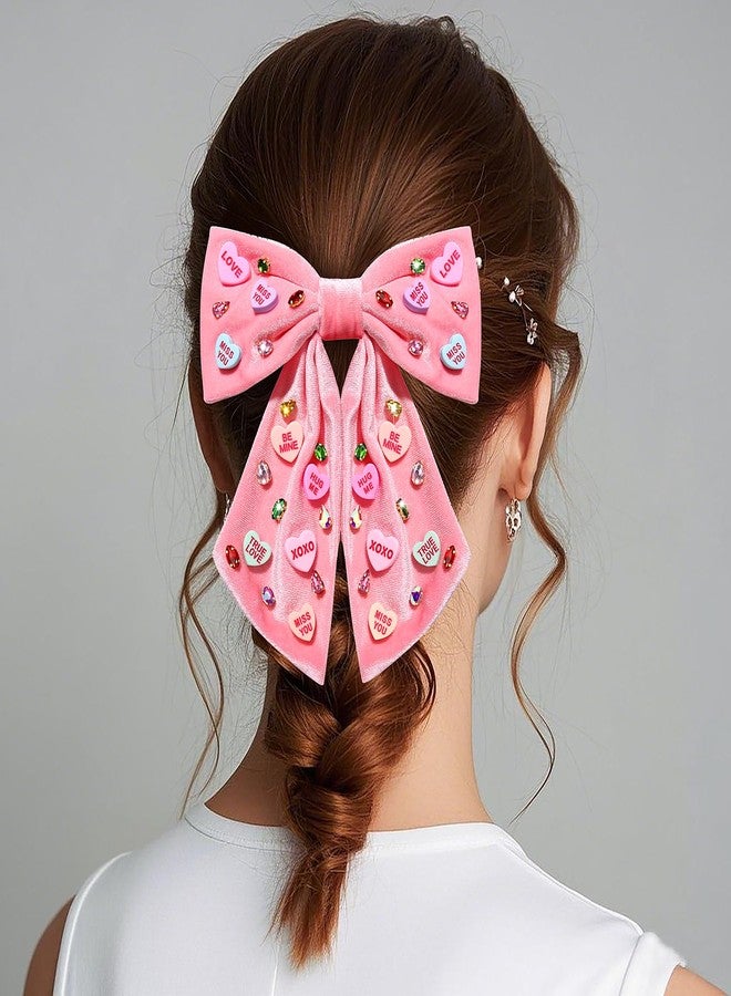 BVGA Valentines Hair Bow Clips Pink Jeweled Crystal Conversation Candy Heart Velvet Bow Hair Clip Barrettes Valentines Hair Accessories Gifts for Her - Image 5
