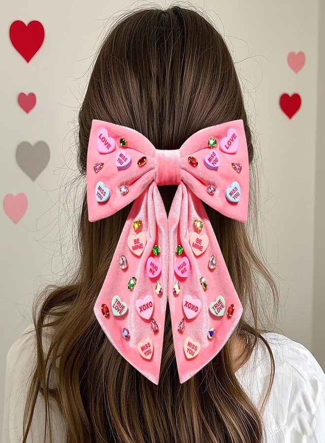BVGA Valentines Hair Bow Clips Pink Jeweled Crystal Conversation Candy Heart Velvet Bow Hair Clip Barrettes Valentines Hair Accessories Gifts for Her - Image 3