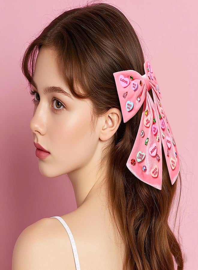 BVGA Valentines Hair Bow Clips Pink Jeweled Crystal Conversation Candy Heart Velvet Bow Hair Clip Barrettes Valentines Hair Accessories Gifts for Her - Image 4