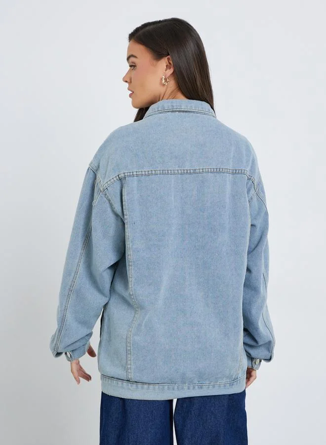 Styli Blue Styli Women Blue Panelled Oversized Denim Jacket for Women | Best Price UAE