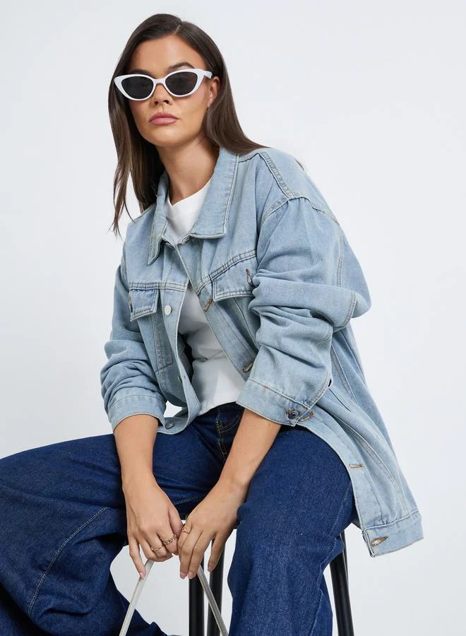 Styli Women Blue Panelled Oversized Denim Jacket