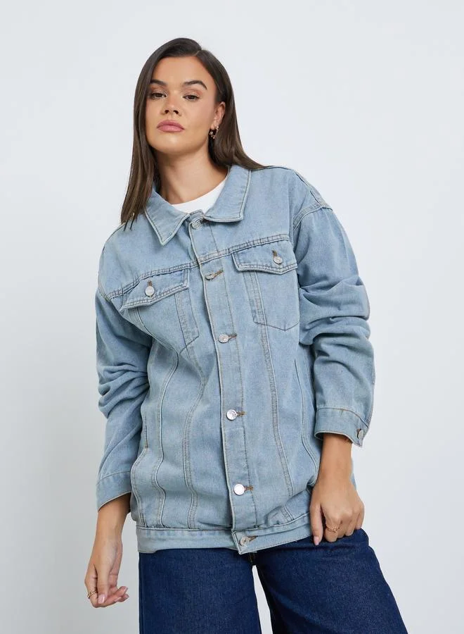 Styli Blue Styli Women Blue Panelled Oversized Denim Jacket for Women | Best Price UAE