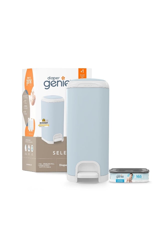 Diaper Genie Select Pail (Blue) is Made of Durable Stainless Steel and Includes 1 Starter Square Refill That can Hold up to 165 Newborn-Sized Diapers. - Image 1