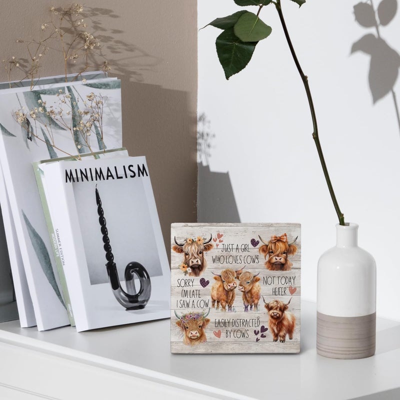 Nvotell Highland Cow Wooden Sign - Highland Cow Bathroom Kitchen Nursery Decor, Farmhouse Cows Decor for Girls Room, Just a Girl Who Loves Cows Wooden Box Signs, 5x5 Inch - Image 4
