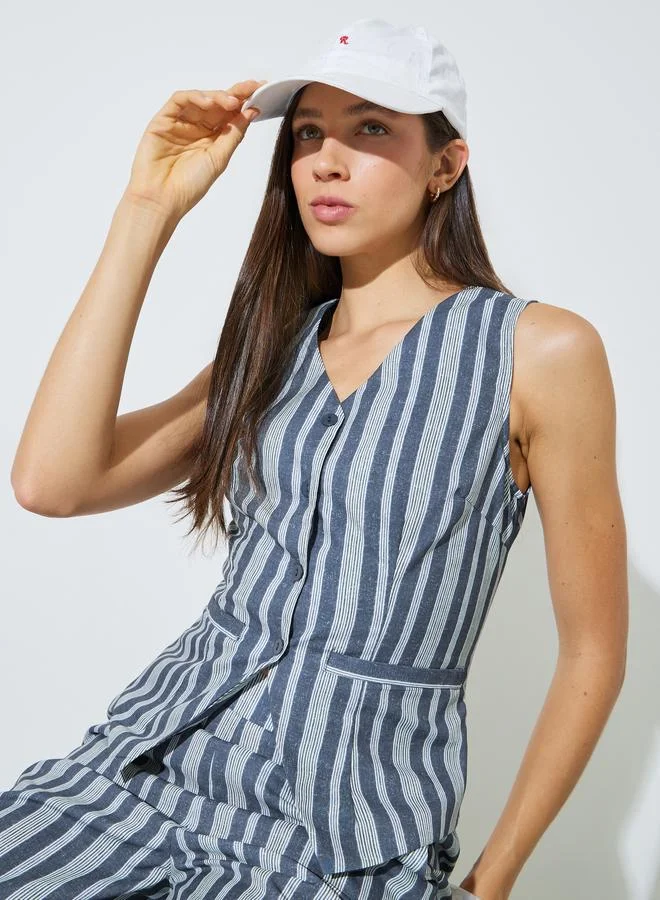 Styli Grey Sleeveless Striped Waistcoat