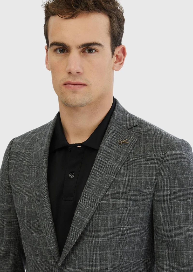 RAMSEY Dark Grey Patterned Regular Fit Silk Blended Jacket