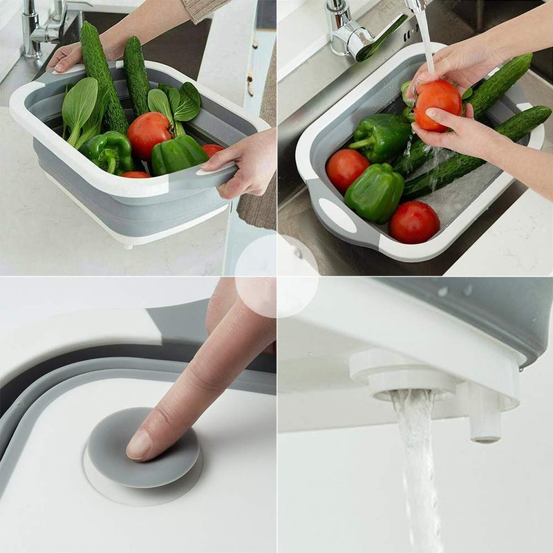 EasyDesk Kitchen Cutting Chopping Board Dish Sink Tub Storage Basket with Draining Plug Folding Cutting Board Washing Bowl Fruit Vegetable Basket Vegetable Chopping Board - Image 4