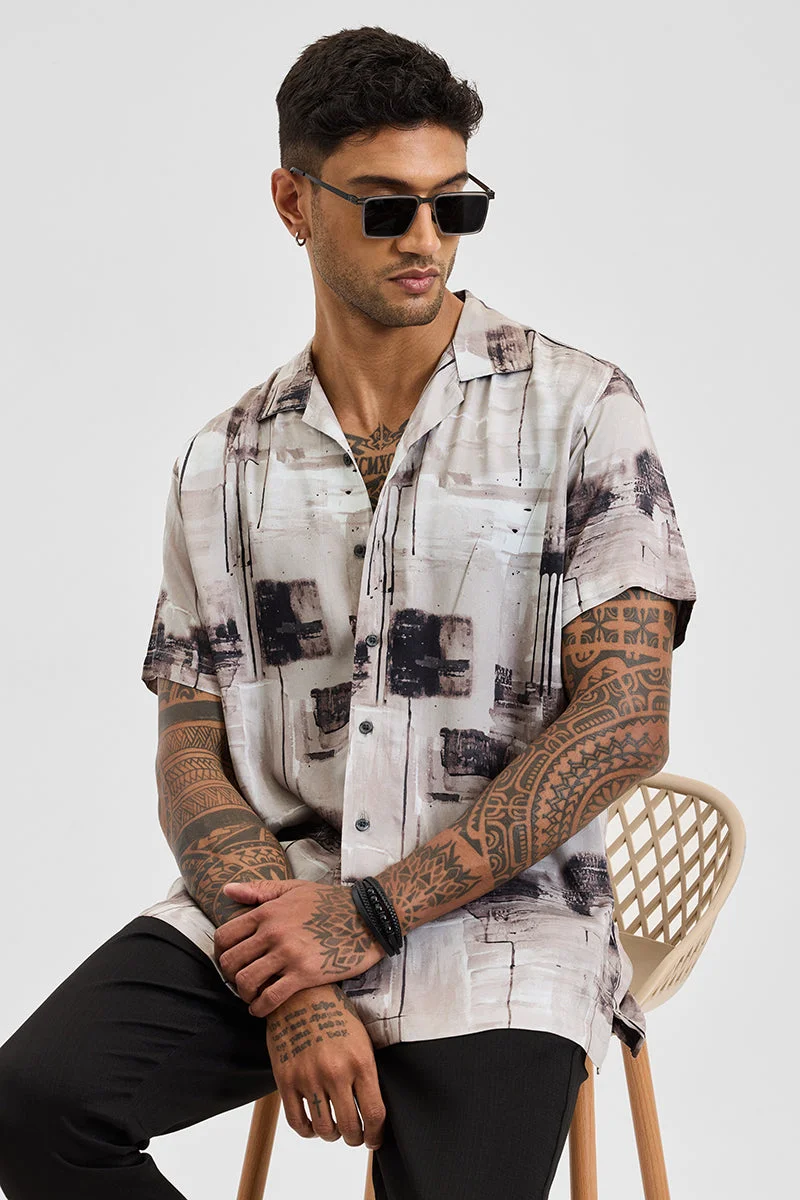 SNITCH Light Brown Abstract Half Sleeve Boxy Casual Shirt