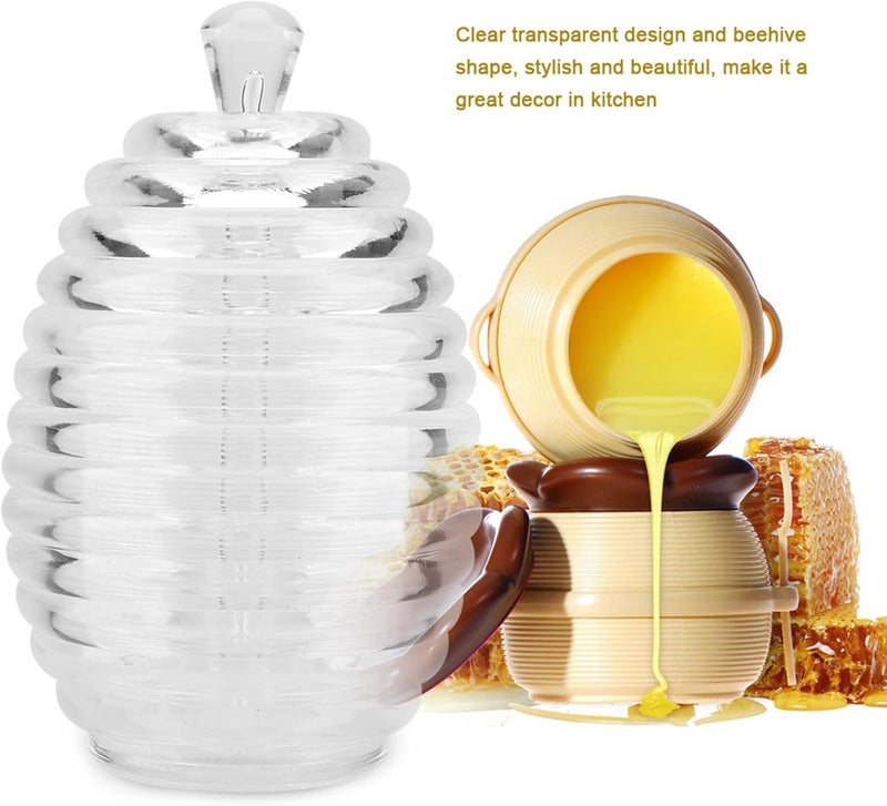 klarako Honey Jar, 265ml Transparent Honey Bottle Sealed Honey Pot Beehive-shaped Jam Jar Honeycomb Pattern with Dipper Stick, for Home Kitchen Storing and Dispensing Honey and Syrup - Image 4