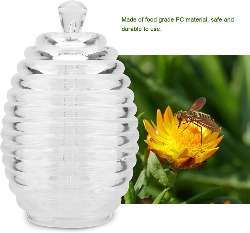 klarako Honey Jar, 265ml Transparent Honey Bottle Sealed Honey Pot Beehive-shaped Jam Jar Honeycomb Pattern with Dipper Stick, for Home Kitchen Storing and Dispensing Honey and Syrup - Image 3