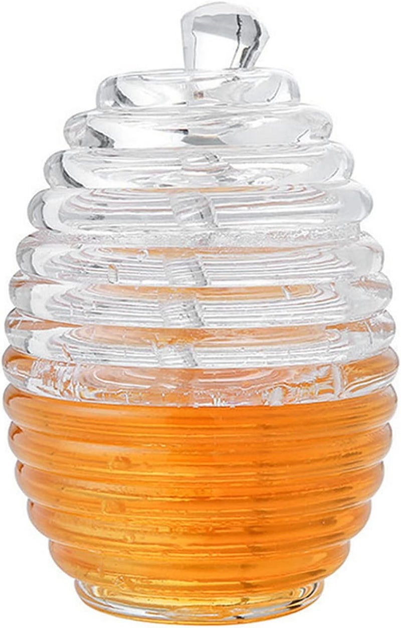 klarako Honey Jar, 265ml Transparent Honey Bottle Sealed Honey Pot Beehive-shaped Jam Jar Honeycomb Pattern with Dipper Stick, for Home Kitchen Storing and Dispensing Honey and Syrup - Image 1