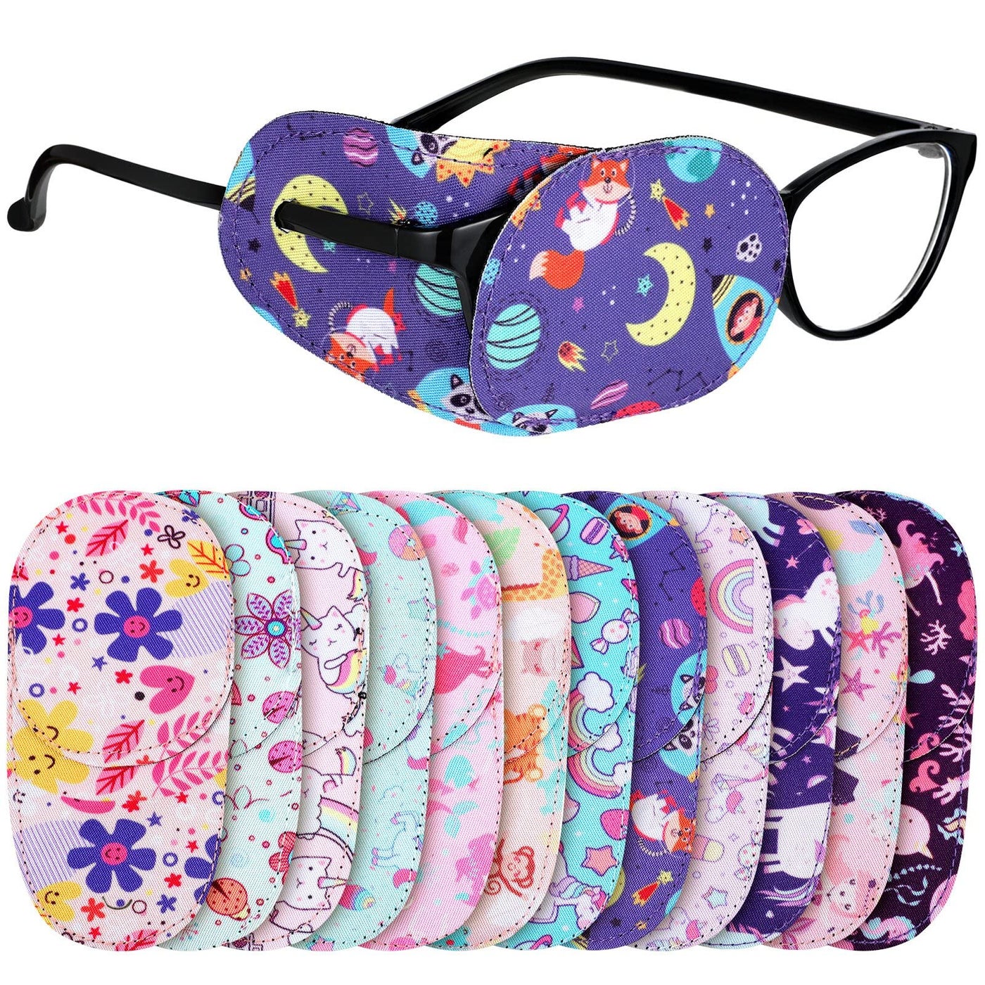 Newcotte 12 Pcs Eye Patch for Kids Girls Boys Reusable Eye Patch for Glasses over the Lens Colorful Eye Patch Toddler Eye Patch Adorable Kids Eye Patches Assorted Eye Patch Cover (Graceful)