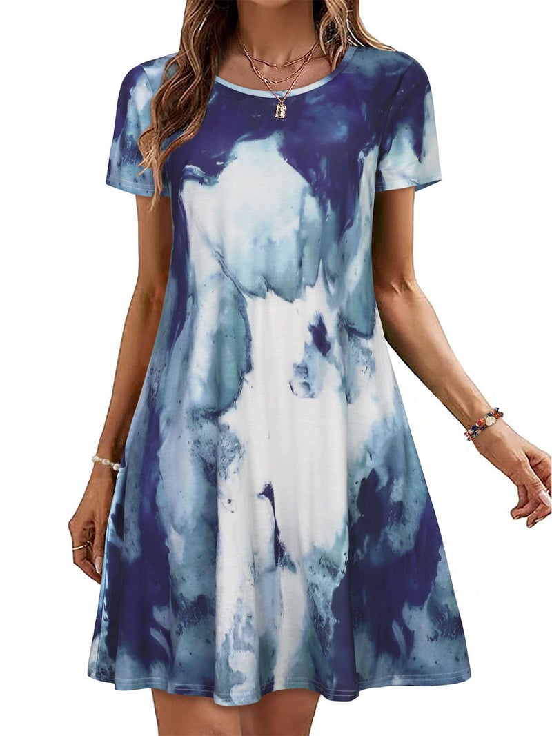 elescat Women's Casual Dresses Short Sleeve Cotton Summer Simple Loose Sun Dress with Pockets(Blue Tie Dye, M) - Image 1