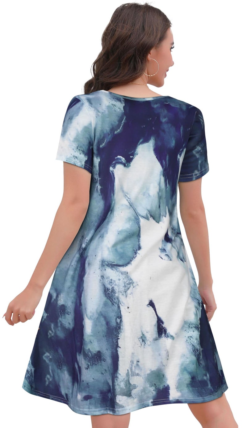 elescat Women's Casual Dresses Short Sleeve Cotton Summer Simple Loose Sun Dress with Pockets(Blue Tie Dye, M) - Image 5