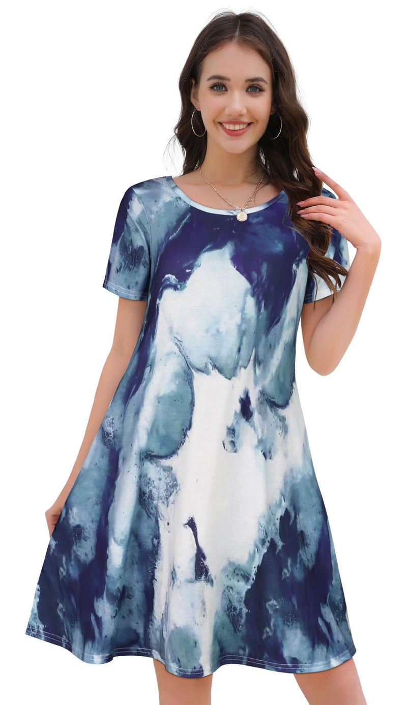 elescat Women's Casual Dresses Short Sleeve Cotton Summer Simple Loose Sun Dress with Pockets(Blue Tie Dye, M) - Image 3