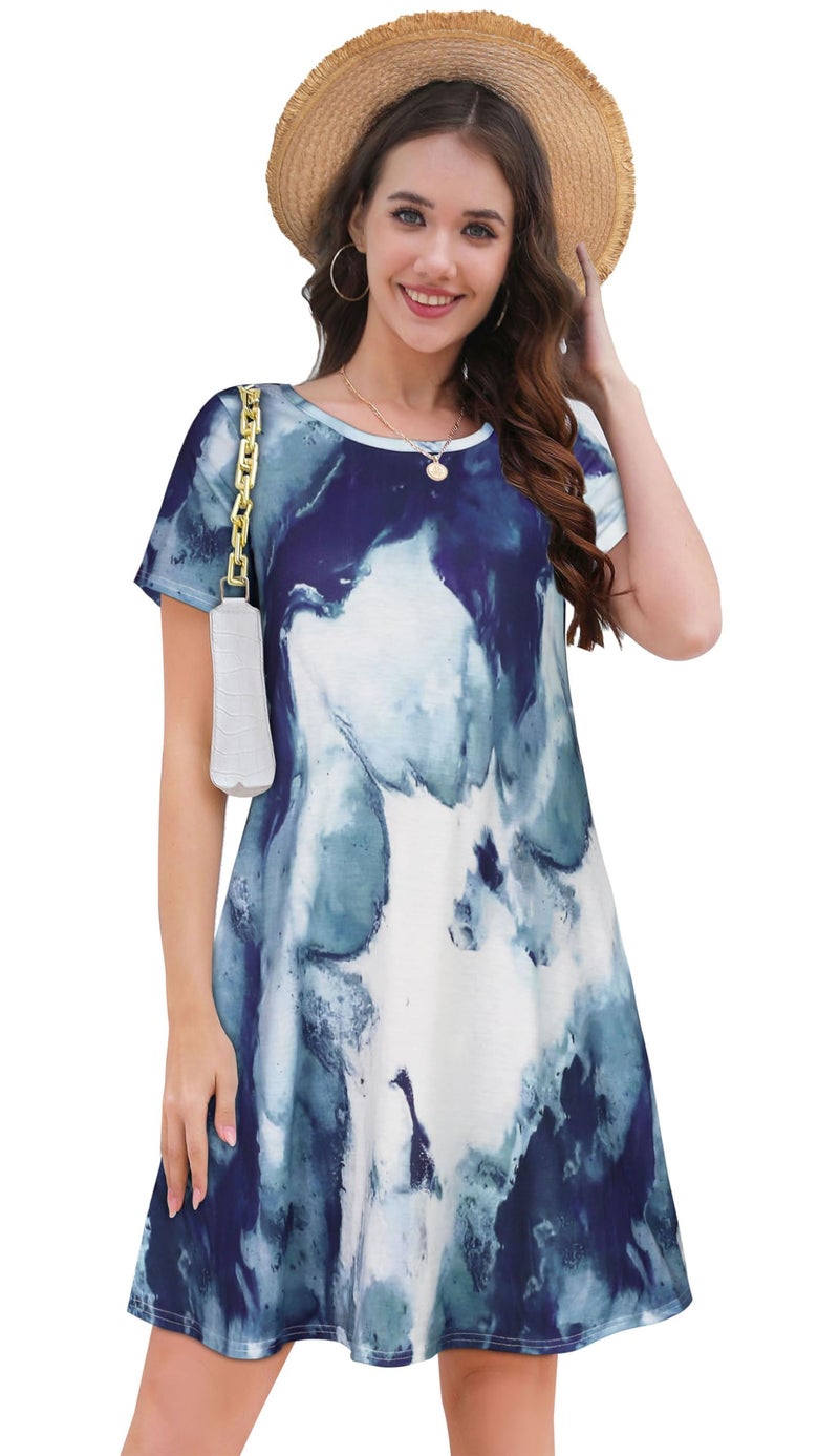 elescat Women's Casual Dresses Short Sleeve Cotton Summer Simple Loose Sun Dress with Pockets(Blue Tie Dye, M) - Image 2