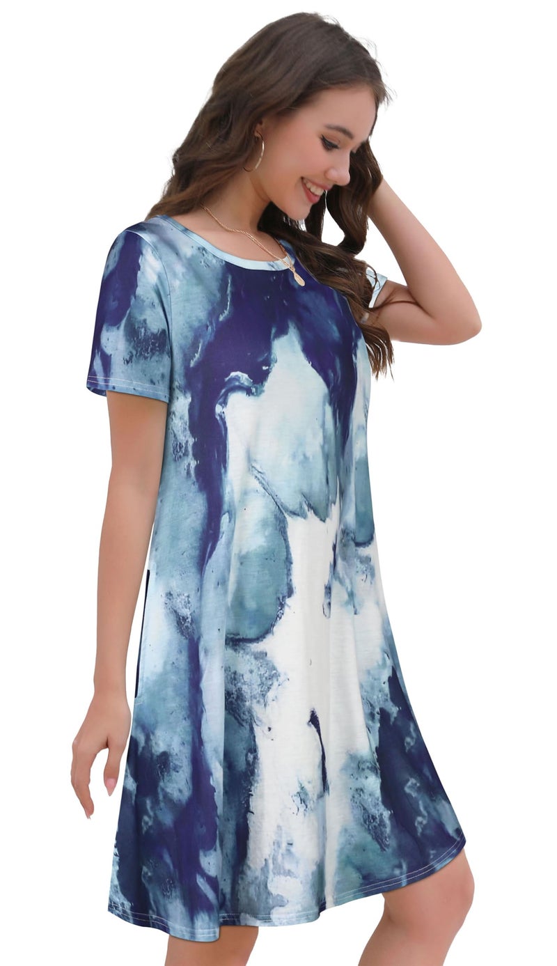 elescat Women's Casual Dresses Short Sleeve Cotton Summer Simple Loose Sun Dress with Pockets(Blue Tie Dye, M) - Image 4