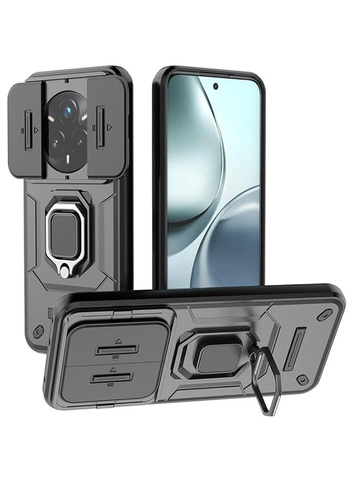 Realme 14 Pro Plus 5G Case, Shockproof Case, Anti-Fall Drop Protection, Built-in Slide Anti-Scratch Camera Lens Cover, Integrated 360 Degree Rotating Ring Kickstand, Black - Image 1