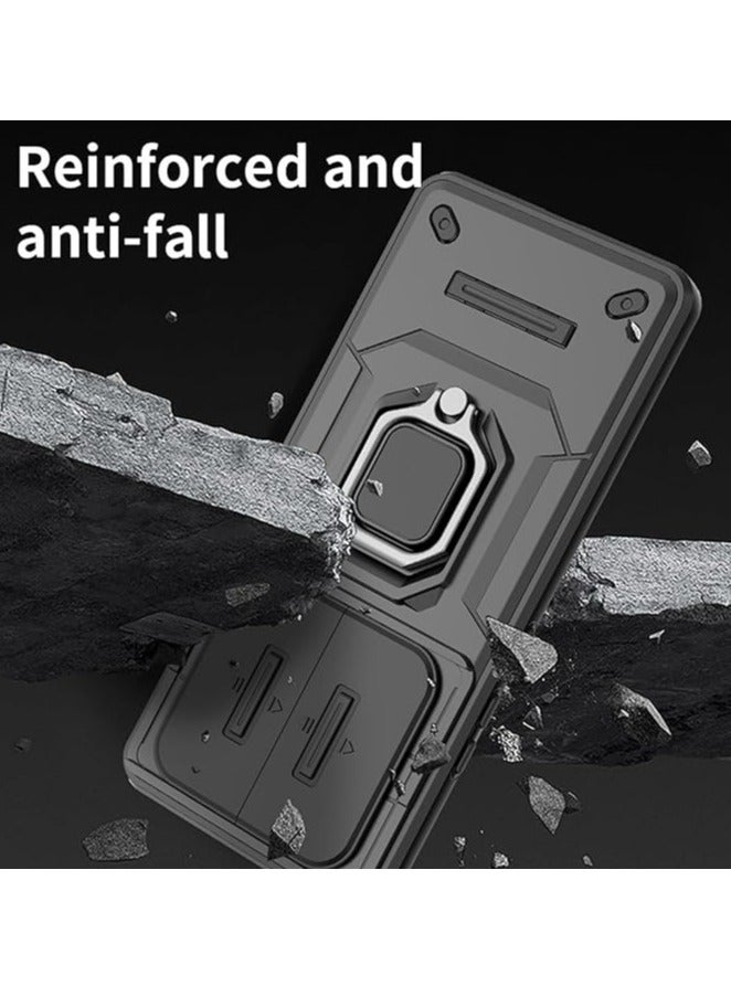 Realme 14 Pro Plus 5G Case, Shockproof Case, Anti-Fall Drop Protection, Built-in Slide Anti-Scratch Camera Lens Cover, Integrated 360 Degree Rotating Ring Kickstand, Black - Image 2