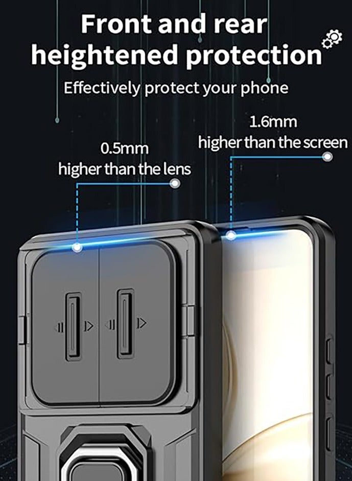 Realme 14 Pro Plus 5G Case, Shockproof Case, Anti-Fall Drop Protection, Built-in Slide Anti-Scratch Camera Lens Cover, Integrated 360 Degree Rotating Ring Kickstand, Black - Image 4