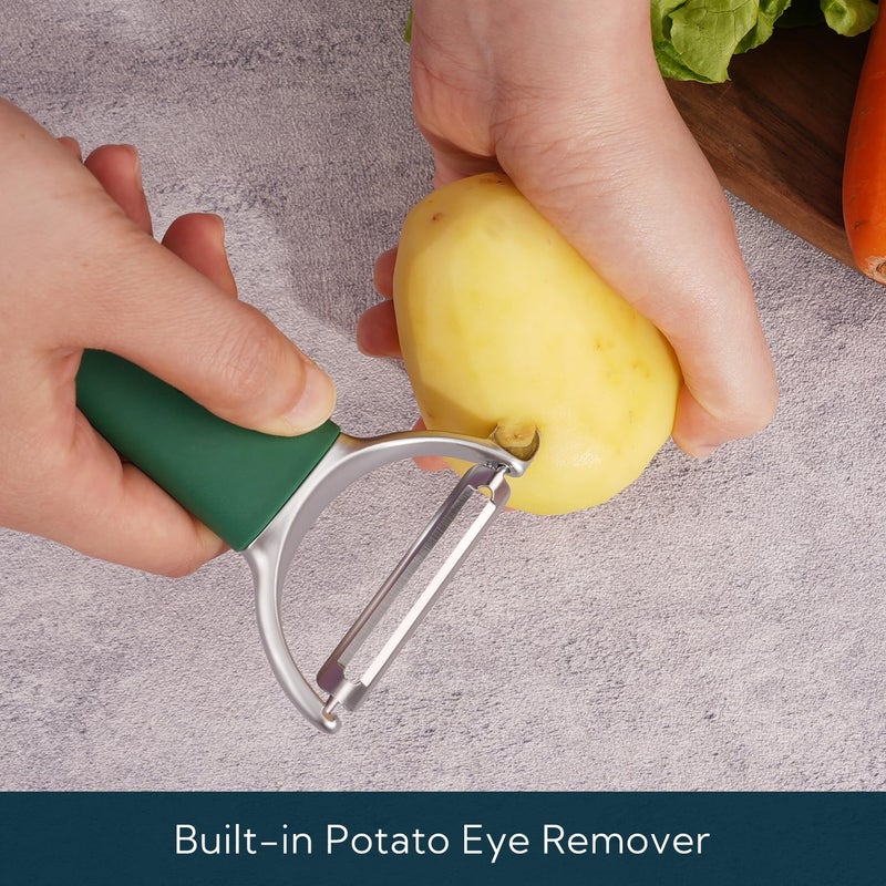 KITCHENDAO Swivel Vegetable Potato Peeler for Kitchen, Japanese Stainless Steel Sharp Blade, Heavy Duty Die-cast Construction Y Peeler, Built-in Eye Remover, Soft-touch Handle, Dishwasher Safe, Green - Image 3