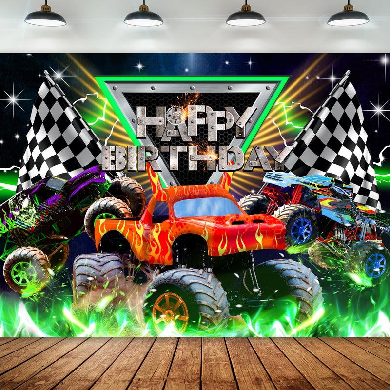 Newsely Truck Themed Backdrop 7Wx5H Photography Monster Happy Birthday Party Supplies Jam Burning Flame Car Grave Digger Boys Kids Background Cool Unique Party Decorations Banner Photo Booth Props - Image 1